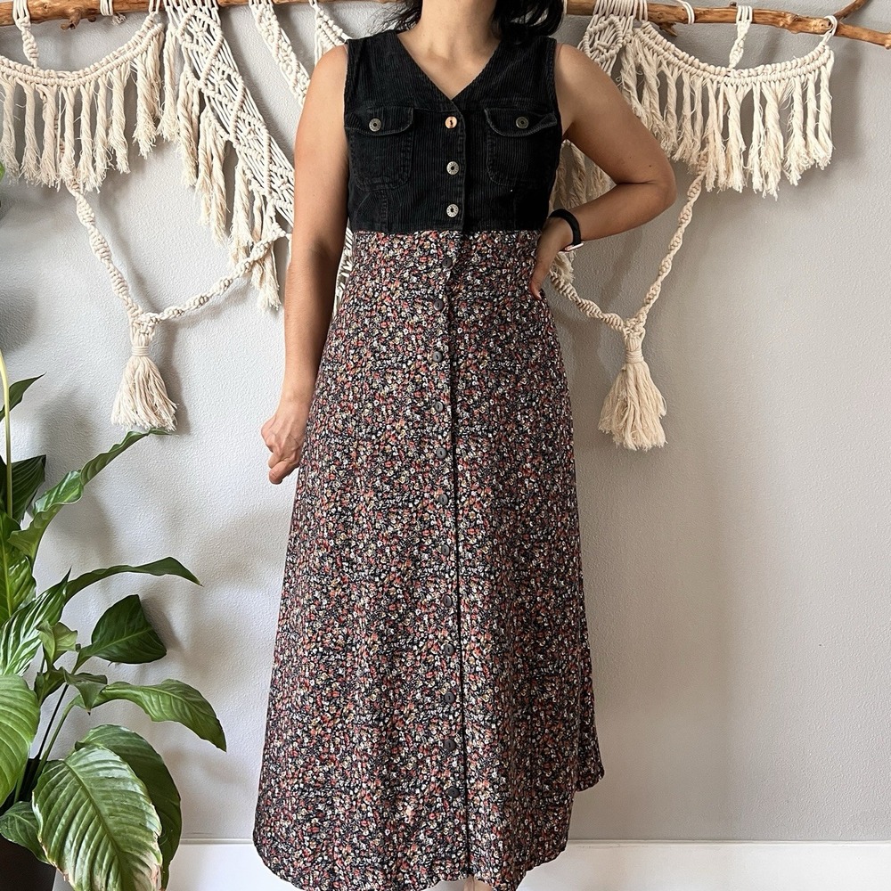 Vintage 90s Corduroy Floral Maxi Dress Western Prairie Boho Kathy Ireland 9/10